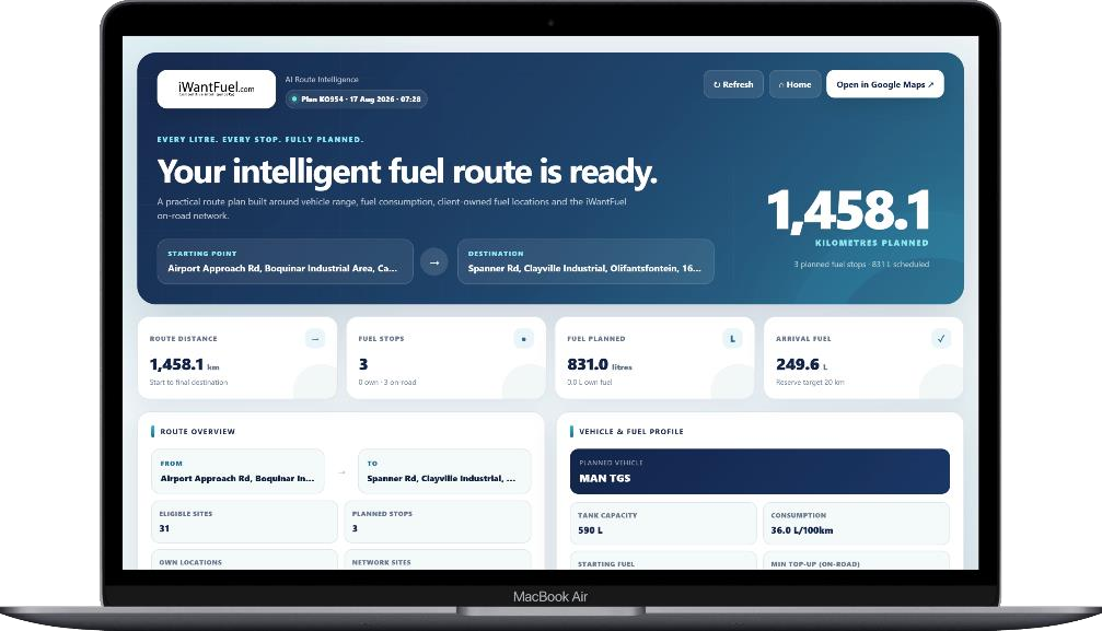 AI Route Intelligence route plan displayed on a laptop
